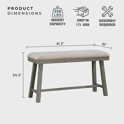 Lexicon Counter Height Bench for Dining Room Table, 41.5" Wood Bench with Grey Padded Seat for Home and Kitchen, Indoor Wooden Bench for Dining Room, Kitchen Bench, Dining Bench, Easy Assembly, Grey