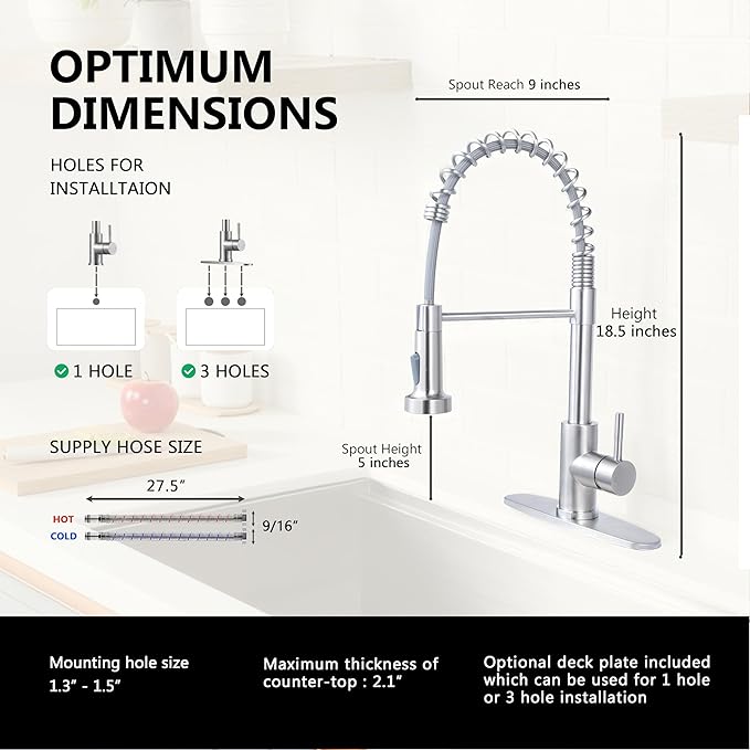 Comllen Kitchen Faucet with Pull Down Sprayer Brushed Nickel Stainless Steel 1 Handle Pull Out Spring Sink Faucets 1 Hole Or 3 Hole Dual Function for Outdoor Utility Camper Laundry Rv Wet Bar
