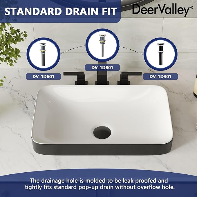 DeerValley Black and White Contrast Rectangle Vessel Sink 18.9x11.61 Inch, Semi-Recessed Ceramic Bathroom Basin with Modern Two-Tone Design