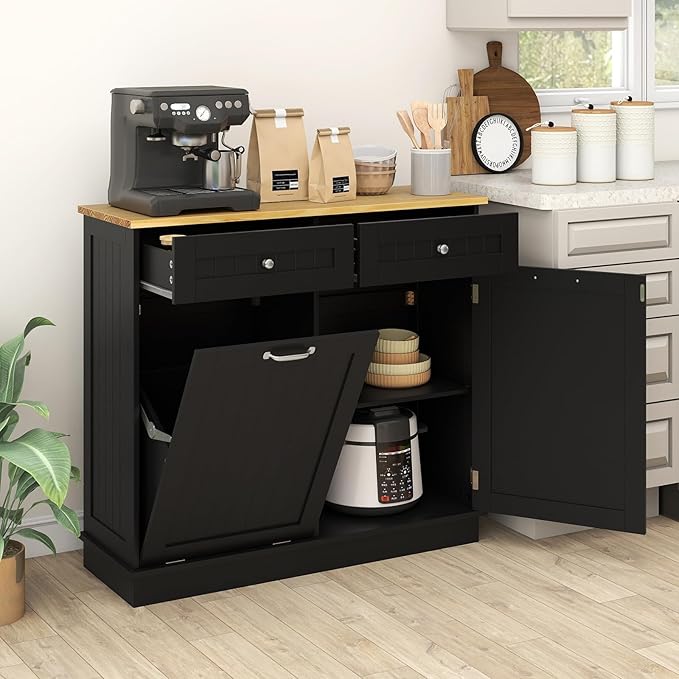 Giantex Tilt Out Trash Can Cabinet, Kitchen Island Table w/Solid Wood Top, 2 Drawers, Adjustable Shelf for Hidden Laundry Hamper, Pet Proof Garbage Can for Dining Living Room (Black, 14.5 Gal)
