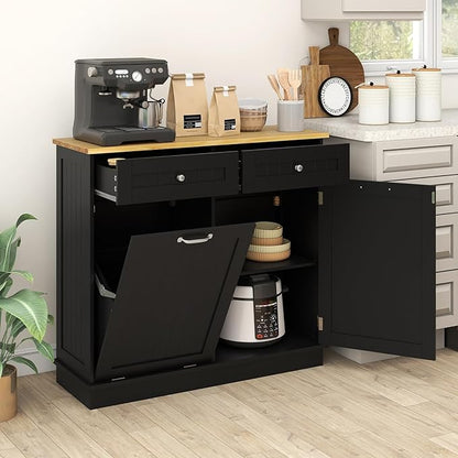 Giantex Tilt Out Trash Can Cabinet, Kitchen Island Table w/Solid Wood Top, 2 Drawers, Adjustable Shelf for Hidden Laundry Hamper, Pet Proof Garbage Can for Dining Living Room (Black, 14.5 Gal)