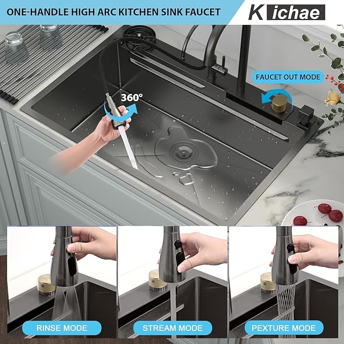 Kichae 33 Black Kitchen Sink Drop In Waterfall - 33x19 Drop Sink Stainless Steel 16G Single Bowl Waterfall Kitchen Sinks Workstation Handmade with Faucet & Glass Rinser