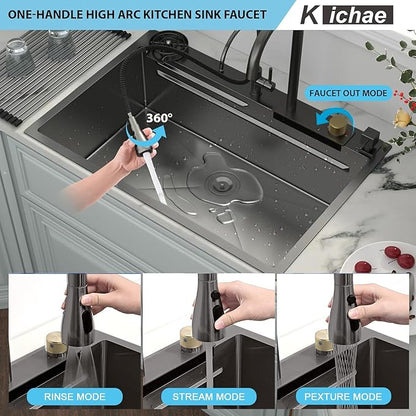 Kichae 33 Black Kitchen Sink Drop In Waterfall - 33x19 Drop Sink Stainless Steel 16G Single Bowl Waterfall Kitchen Sinks Workstation Handmade with Faucet & Glass Rinser