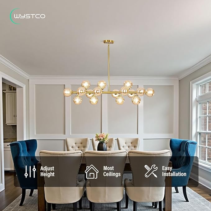 16-Light Globe Sputnik Chandelier, Linear Dining Room Light Fixture Over Table, Mid Century Modern Gold Chandeliers for Dining Living Room, Kitchen Island Lighting (Amber Bubble, 40 Inch)