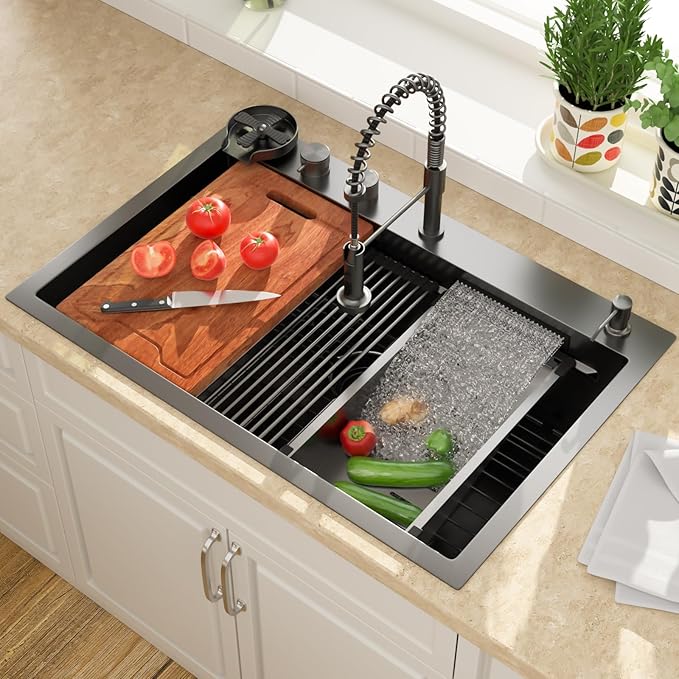 Lordear 30 Drop In Kitchen Sink with Faucet 30x22 Inch Black Waterfall Kitchen Sinks Topmount Stainless Steel 16 Gauge Single Bowl Workstation Kitchen Sink With Faucet Combo