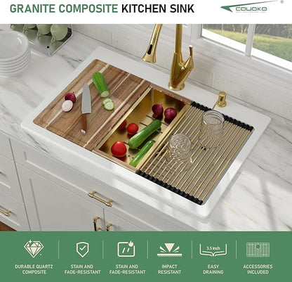 33x22 White Drop In Kitchen Sink Workstation - Couoko White Drop In Granite Composite Kitchen Sinks Quartz Classic Large Deep Topmount Single Bowl Sink Basin with Luxury Accessories