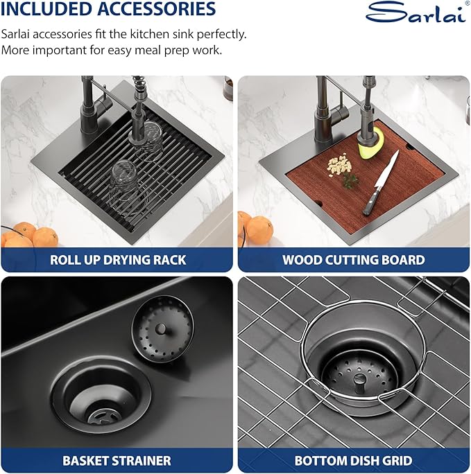 Sarlai Drop Bar Sink -15 Inch Black Outdoor Kitchen Sink Gunmetal Black Drop In Workstation 15 x 15 Topmount Stainless Steel 16 Gauge Single Bowl Kitchen Bar Prep RV Outdoor Sinks Basin