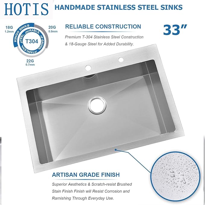 HOTIS 33x22 Drop In Kitchen Sink, Topmount Stainless Steel Brushed Nickel Single Bowl Sink, Extra-thick 16 Gauge For RV Kitchen Laundry Utility with Dish Grid