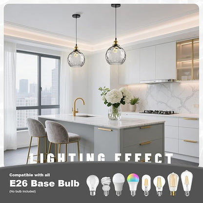 Smoke Gray Glass Pendant Light, Vintage Pendant Lights Kitchen Island Dining Room Pendant Lighting with Hammered Globe Shade, Industrial Hanging Light 1-Light Chandelier for Bedroom Home Bar