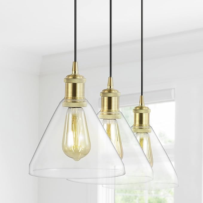 JONATHAN Y 30.5" Brass Gold/Black 3-Light Iron and Glass Linear Pendant Light, Adjustable Height for Kitchen Island Dining Room, Modern Farmhouse, LED Bulbs Included JYL1123A