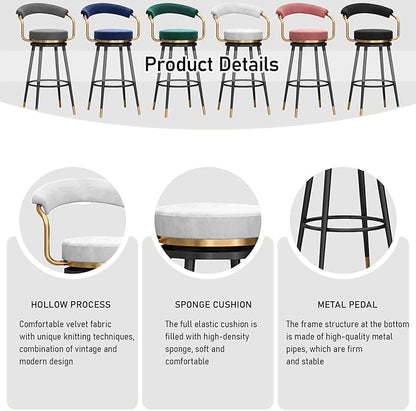 Swivel stools 1PC, Velvet Upholstered Stools with Hollow Back, Metal Chair Legs & Footrest for Kitchen Island Dining Room Pub Home, Seat Height 65cm, Black (White Seat Height 75cm