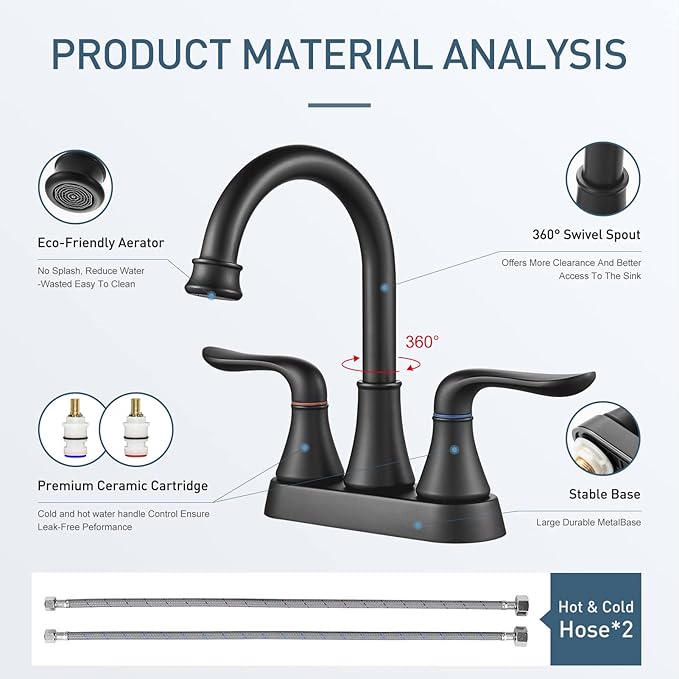 GENBONS Bathroom Faucets for Sink 3 Hole, 4 inch Matte Black with Pop-up Drain and 2 Supply Hoses 2 Handle Centerset Faucet for Sink Vanity