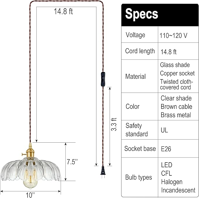 Plug-in Pendant Light Fixture, Hanging Light Fixture, Glass Pendant Light, Swag Lamp with Inline On/Off Switch for Kitchen Island, Bedroom, Dining Room, Living Room (Clear Lotus, Plug-in)