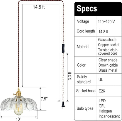 Plug-in Pendant Light Fixture, Hanging Light Fixture, Glass Pendant Light, Swag Lamp with Inline On/Off Switch for Kitchen Island, Bedroom, Dining Room, Living Room (Clear Lotus, Plug-in)
