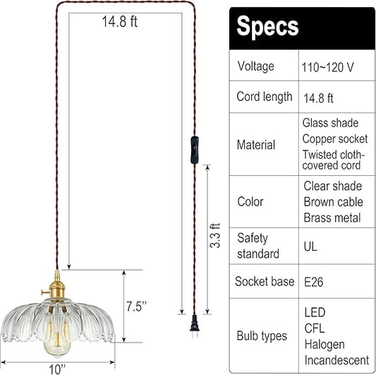 Plug-in Pendant Light Fixture, Hanging Light Fixture, Glass Pendant Light, Swag Lamp with Inline On/Off Switch for Kitchen Island, Bedroom, Dining Room, Living Room (Clear Lotus, Plug-in)