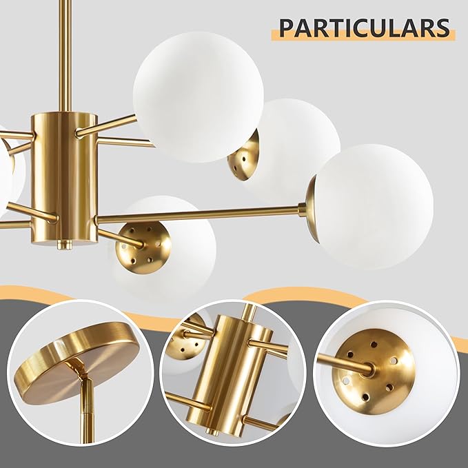 Bagood 8-Light Globe Sputnik Chandelier Gold Mid Century Modern Light Fixture Brushed Brass Finished with White Frosted Globe Glass Lampshade Sputnik Chandeliers for Dining Room Kitchen Island Bedroom