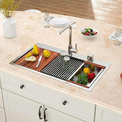 33x19 Drop in Kitchen Sink Workstation- MERYIAO 33 Inch Drop In Kitchen Sinks Handmade T304 16 Gauge Stainless Steel Single Topmount Bowl 9" Deep Basin