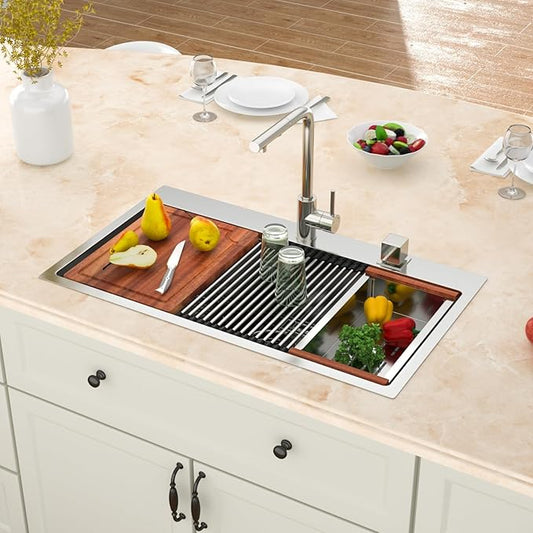 33x19 Drop in Kitchen Sink Workstation- MERYIAO 33 Inch Drop In Kitchen Sinks Handmade T304 16 Gauge Stainless Steel Single Topmount Bowl 9" Deep Basin