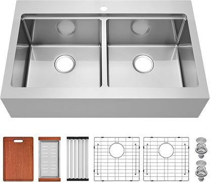 Rhbamoa Double Farmhouse Sink 36 Inch,16-Gauge T304 Stainless Steel Drop In Farm Sink,50/50 Topmount Double Bowl Apron Front Farm Sinks,10 Inch Deep Workstation Sinks with All Accessories