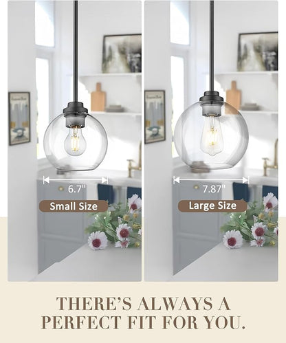 8 inch Matte Black Pendant Light, Mid Century Globe Haning Light Fixture Ceiling with Clear Glass for Kitchen Island Dining Room Bedroom Hallway Foyer (1 Pack), PL101BK-L