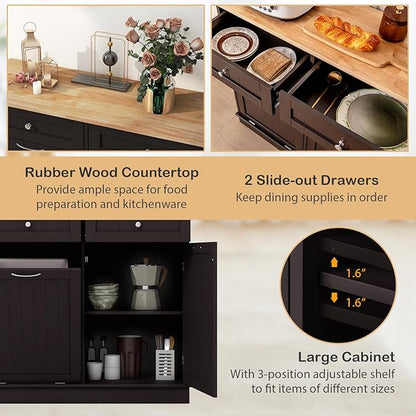 Giantex Tilt Out Trash Can Cabinet, Kitchen Island Table w/RubberWood Top, 2 Drawers, Adjustable Shelf for Hidden Laundry Hamper, Pet Proof Garbage Can for Dining Living Room (Brown, 15.5 Gal)