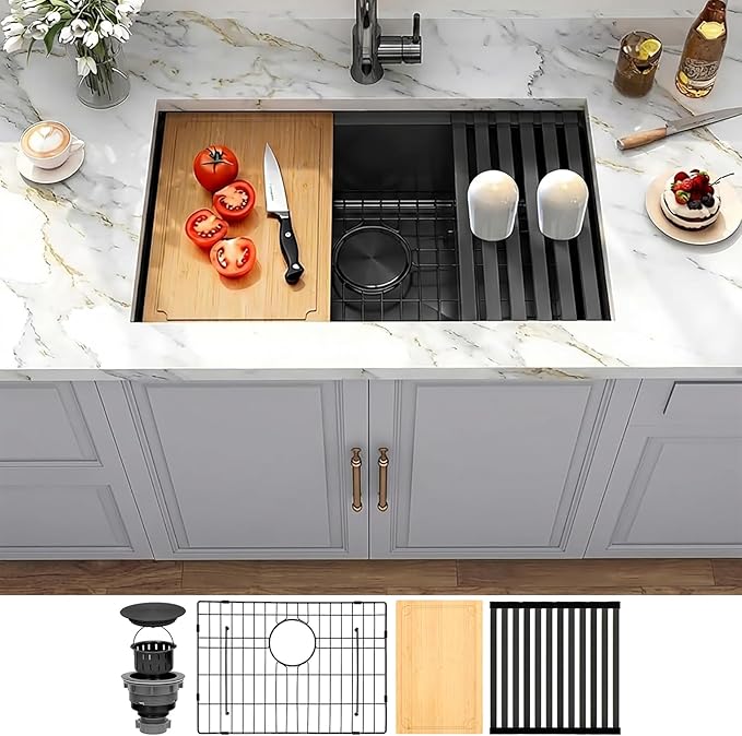Black Undermount Kitchen Sink,16 Gauge T-304S Stainless Steel Workstation Sinks with Accessories, 23"x 18" X 10" Deep Kitchen Sink can hold Large Pot