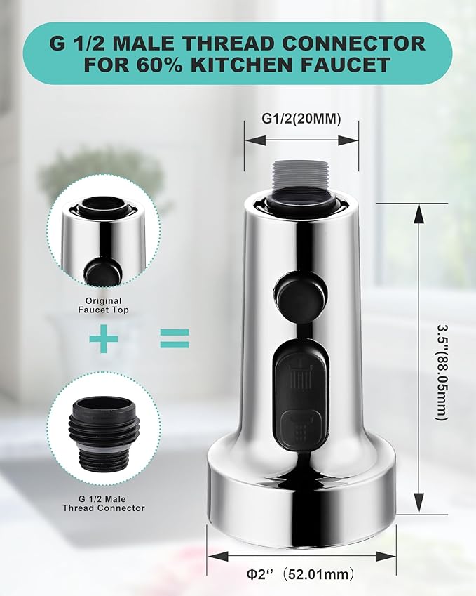 Pull Down Faucet Head Replacement: 3-Function Kitchen Faucet Sprayer Head Replacement with 9 Adapters - Chrome Sink Spray Nozzle Compatible with Moen, Delta, American Standard Faucets