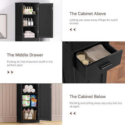 WEENFON Tall Bathroom Cabinet, Storage Cabinet with 6 Shelves & Drawer, Bathroom Storage Cabinet with Adjustable Shelves, Tall Cabinet for Living Room, Home Office, Black