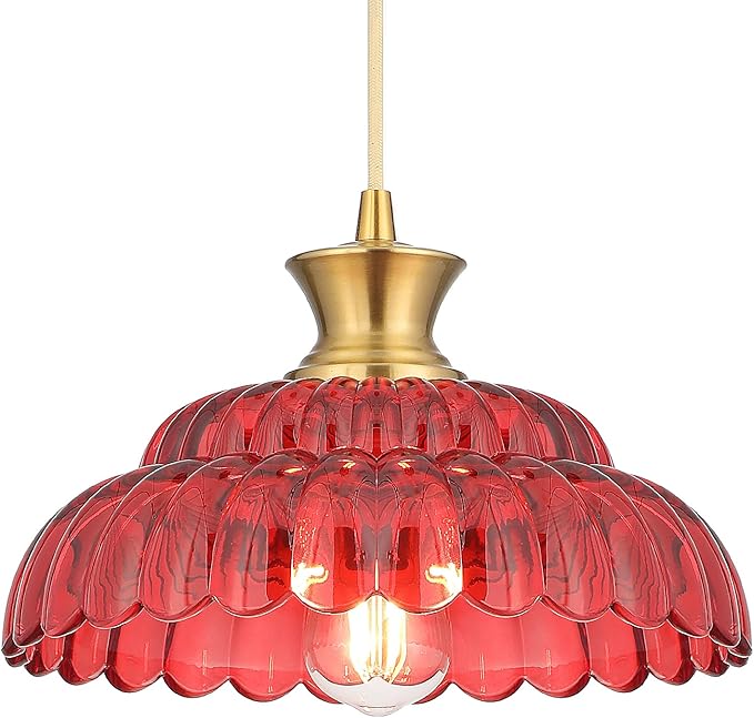 Red Glass Pendant Light, 11.8" Vintage Pendant Lighting Brushed Gold Glass Light Fixtures Red Chandelier Modern Hanging Ceiling for Dining Room Kitchen Island Sink Bedroom Foyer Entryway