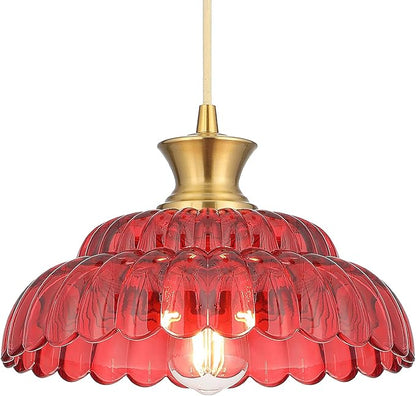 Red Glass Pendant Light, 11.8" Vintage Pendant Lighting Brushed Gold Glass Light Fixtures Red Chandelier Modern Hanging Ceiling for Dining Room Kitchen Island Sink Bedroom Foyer Entryway