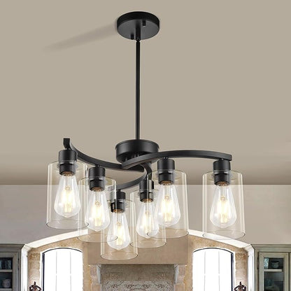 Sigaitwei 6 Light Modern Chandeliers for Dining Room,21.7" Black Hanging Light Fixture，Kitchen Pendant Lighting Over Island，Industrial Farmhouse Chandelier,Metal with Downward Clear Glass Shade