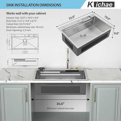 Kichae Waterfall Kitchen Sink Drop In - Kitchen Sink 33x19 Drop In Waterfall with Hot & Cold Water Stainless Steel 16 Gauge Handmade Single Bowl Workstation Sinks with Glass Rinser & Faucet Combo