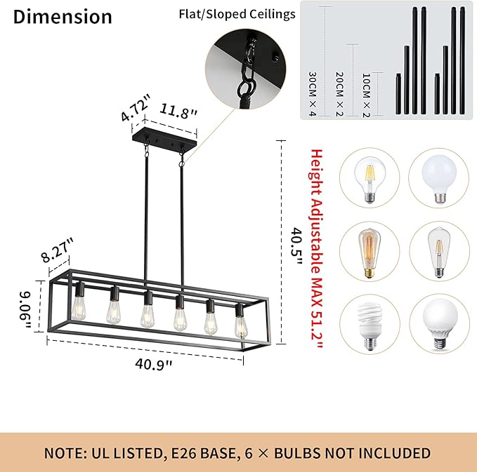 41'' Dining Room Light Fixture, 6-Light Black Chandeliers for Dining Room, Linear Kitchen Light Fixtures, Modern & Farmhouse Style, Rectangle, Height Adjustable (E26, Metal)