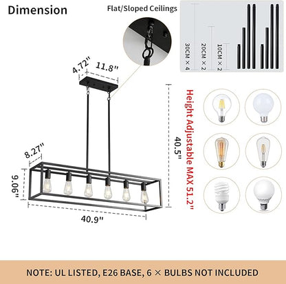 41'' Dining Room Light Fixture, 6-Light Black Chandeliers for Dining Room, Linear Kitchen Light Fixtures, Modern & Farmhouse Style, Rectangle, Height Adjustable (E26, Metal)