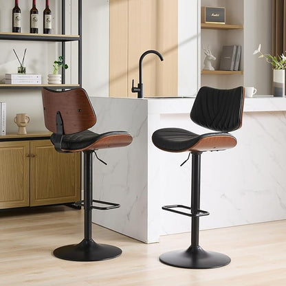 Walnut Bentwood Bar Stools Mid Century Modern Adjustable Counter Height Black Leather Upholstered 360°Swivel Bar Chairs for Kitchen Island,Dining Room,Cafe,Beige,Set of 2