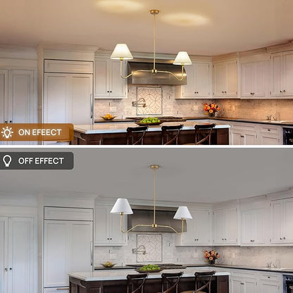 2-Light Gold Modern Linear Chandelier, 55 Inch Farmhouse Kitchen Island Lighting with White Fabric Shades, Dining Room Light Fixtures for Living Room Bedroom, Height Adjustable