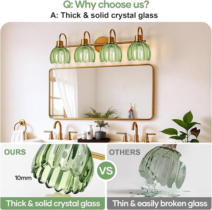 4-Light Bathroom Light Fixtures, 27" Brushed Gold Vanity Lights for Bathroom with Ribbed Green Tulip Glass Shade, Vintage Bathroom Vanity Lighting Fixtures Over Mirror for Bedroom Living Room Hallway