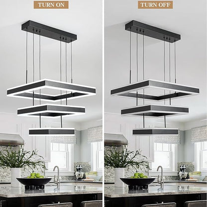 O'NEELDY LED Pendant Light Fixture, 20.47'' Modern Chandelier Square Rings Adjustable Height Black Pendant Lighting 3 Lights Kitchen Island Chandeliers for Dining Room, 6000K