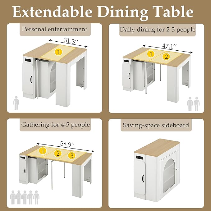 Extendable Dining Table for 4-6, 33''-59'' Extending Dining Table w/Removable Leaves Space Saving, Mobile Rolling Island Tables with Power Outlet Wooden Adjustable Tables for Kitchen (Cream White)