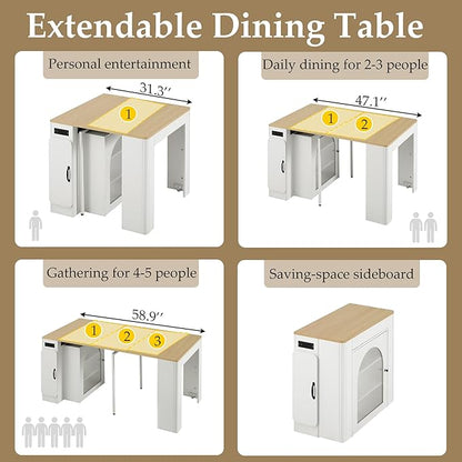 Extendable Dining Table for 4-6, 33''-59'' Extending Dining Table w/Removable Leaves Space Saving, Mobile Rolling Island Tables with Power Outlet Wooden Adjustable Tables for Kitchen (Cream White)