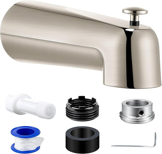 Dreyoo 7 Inch Tub Spout (Universal Fits 1/2" Copper Pipe, 1/2" IPS and 3/4" IPS), Bathroom Bathtub Faucet with Adapters and Hex Wrench(Brushed Nickel,With Diverter)