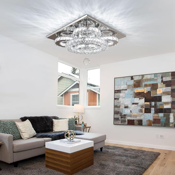 Modern 5-Ring Crystal Ceiling Light, 13.3" Dimmable LED Flush Mount Chandelier, K9 Crystal Close-to-Ceiling Lamp with Stainless Steel Base for Bedroom, Hallway, Dining Room
