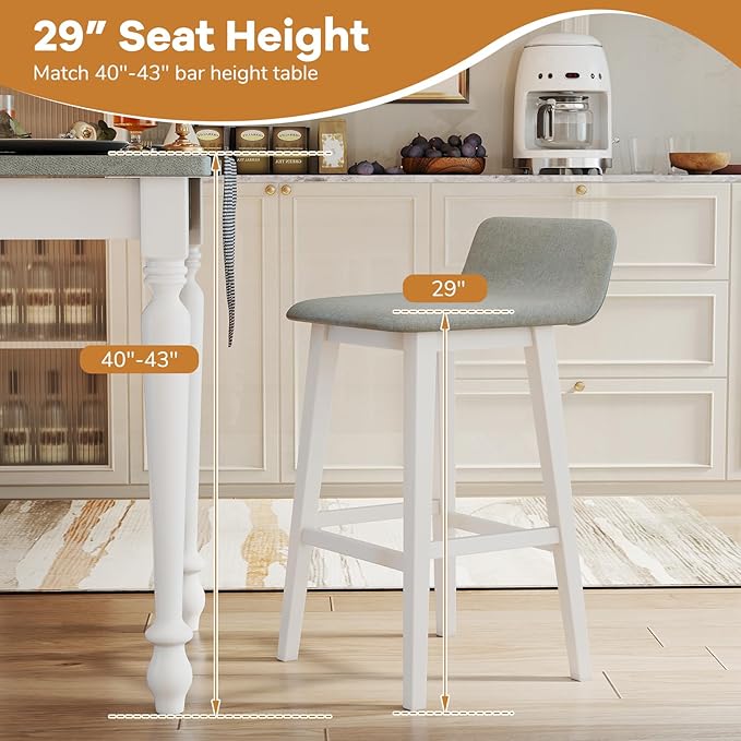 Giantex 29" Bar Stools Set of 2, Upholstered Bar Height Barstools with Low Back, Footrest, Armless Wood Bar Chairs for Kitchen Island, Dining Room, White & Gray