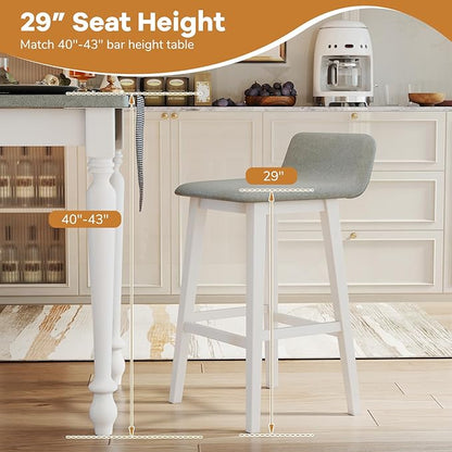 Giantex 29" Bar Stools Set of 2, Upholstered Bar Height Barstools with Low Back, Footrest, Armless Wood Bar Chairs for Kitchen Island, Dining Room, White & Gray