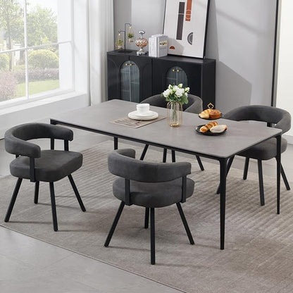 Modern Barrel Dining Chairs Set of 4, Grey PU Leather Upholstered Dining Room Chairs with Arms, Comfy Kitchen Chairs with Black Metal Legs for Dinner Living Room