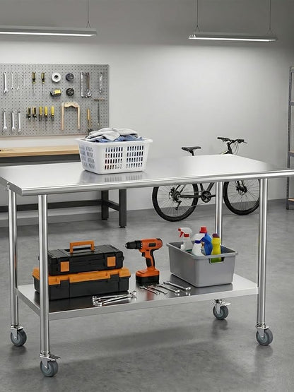 Atelicf All-Stainless Steel Prep Table, 24 X 48 Inches, with Wheels and Adjustable Undershelf, Heavy-Duty for BBQ,Restaurants,Hotels,Workshops,Kitchens,Gardens, and Garages