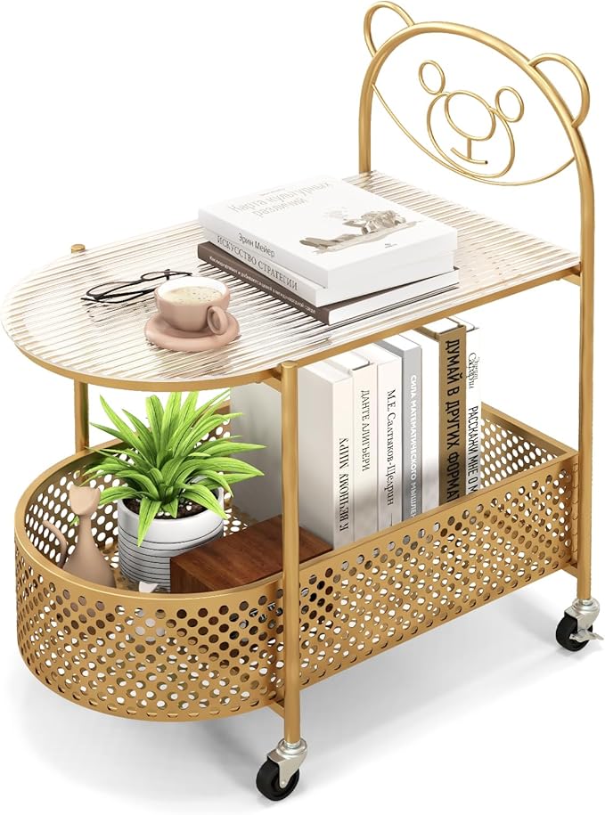 Giantex 2-Tier Modern Bear Pattern Coffee Table, Golden/White Lacquered Finish, Tempered Glass Top, Storage Basket, Wheels