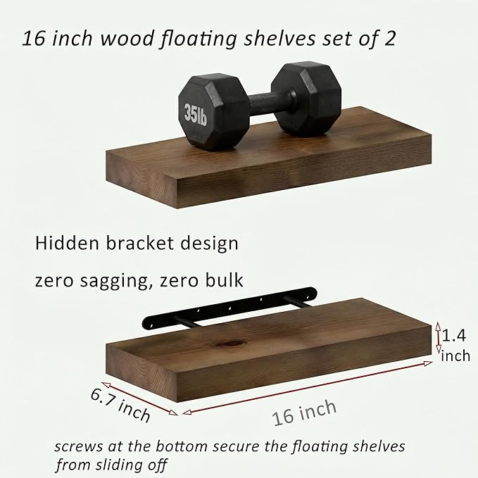 BBE Floating Shelves for Room Wall Rustic Walnut Wooden Bathroom Wall-Mounted Shelf Over Toilet Decor 16 Inch Storage Wood Shelves for Living Room, Bedroom, Kitchen Farmhouse 16D x 6.7W Set of 2