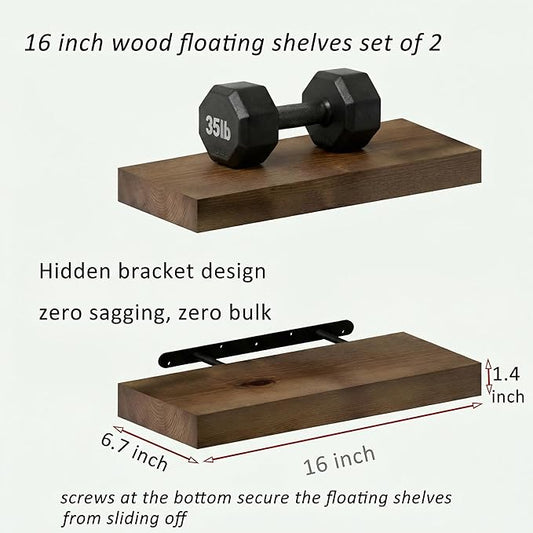 BBE Floating Shelves for Room Wall Rustic Walnut Wooden Bathroom Wall-Mounted Shelf Over Toilet Decor 16 Inch Storage Wood Shelves for Living Room, Bedroom, Kitchen Farmhouse 16D x 6.7W Set of 2