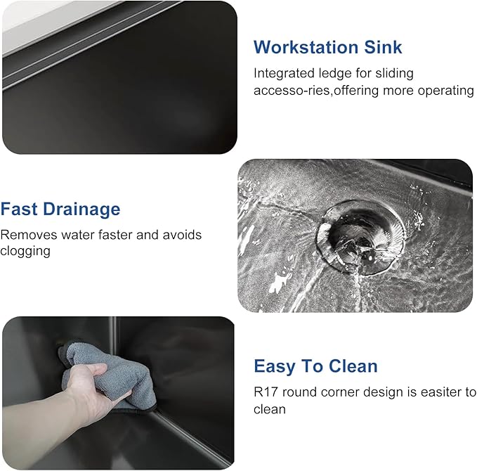 Black Sink, 304 Stainless Steel Single Bowl Undermount 30×18 Inch Workstation Kitchen Sink with Sink Grid and Cutting Board